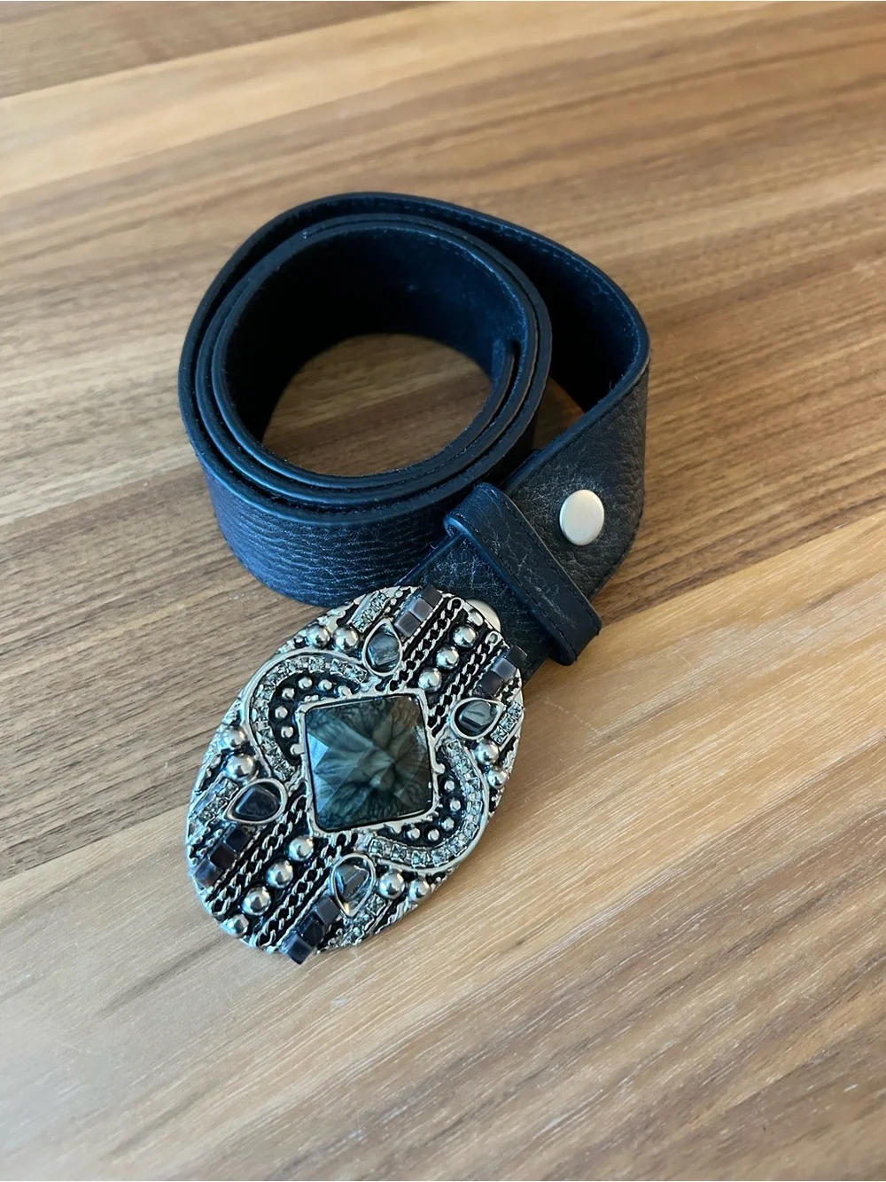 Leatherock Black Leather Belt with Ornate Gemstone